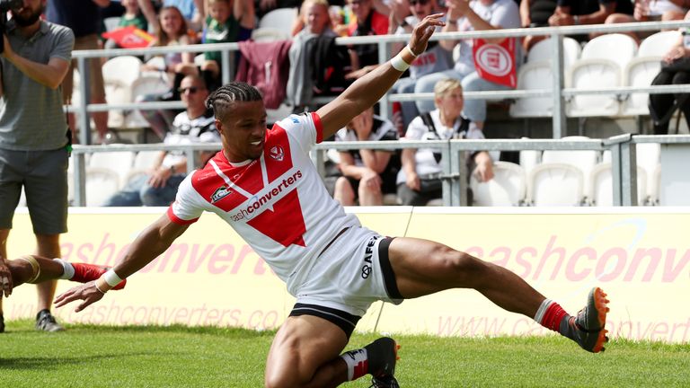 Picture by Paul Currie/SWpix.com - 03/06/2018 - Rugby League - Ladbrokes Challenge Cup - St Helens v Hull FC - The Totally Wicked Stadium, Langtree Park, St Helens, England - Regan Grace of St Helens celebrates scoring the 2nd try