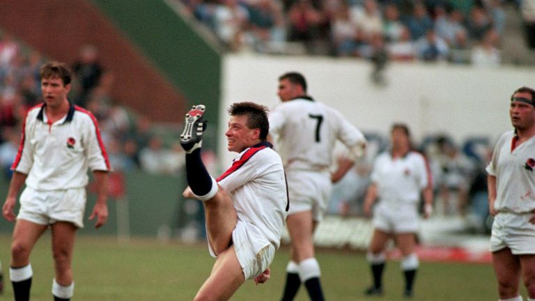 England's Rob Andrew attempts a kick against Natal during the 1994 tour of South Africa