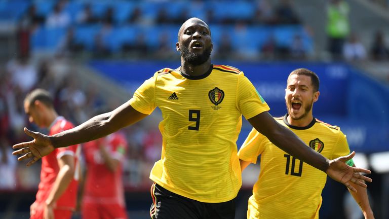 Romelu Lukaku celebrates with Eden Hazard after extending Belgium's lead