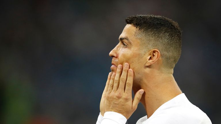 SOCHI, RUSSIA - JUNE 30:  Cristiano Ronaldo of Portugal looks on during the 2018 FIFA World Cup Russia Round of 16 match between Uruguay and Portugal at Fisht Stadium on June 30, 2018 in Sochi, Russia.  (Photo by Julian Finney/Getty Images)