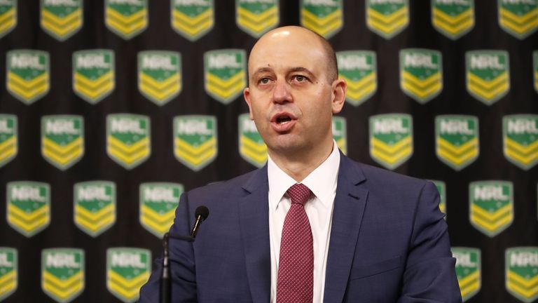 NRL CEO Todd Greenberg speaks to the media during an NRL press conference at the NRL Headquarters on July 9, 2016 in Sydney, Australia. The Parramatta Eels were handed a points deduction for the remainder of the 2016 season after they were found to be breaching the salary cap.