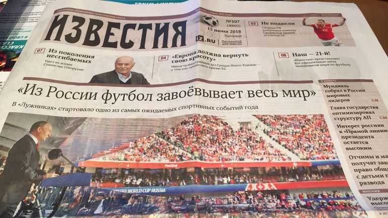 Here is the front page of Izvestiya, with the headline taken from President Vladimir Putin's speech - 'From Russia, football can conquer the whole world'.