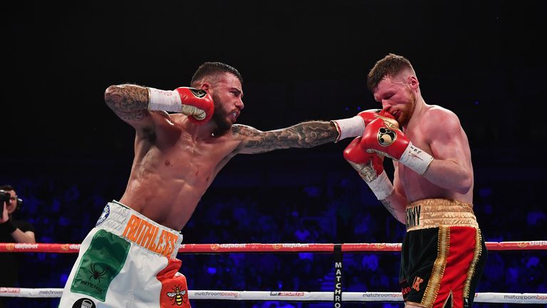 James Tennyson (R) of Northern Ireland and Ryan Doyle (L) of England during the vacant WBA International Super-Featherweight Championship. bout at the SSE Arena Belfast on June 10, 2017 in Belfast, Northern Ireland. (Photo by Charles McQuillan/Getty Images)