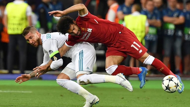 Mohamed Salah went off injured after a collision with Sergio Ramos