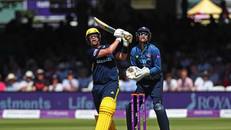 LONDON, ENGLAND - JUNE 30: Sam Northeast of Hampshire hits a six as Kent captain Sam Billings looks on during the Royal London One-Day Cup Final match between Kent and Hampshire on June 30, 2018 in London, England. (Photo by Sarah Ansell/Getty Images). *** Local Caption *** Sam Northeast
