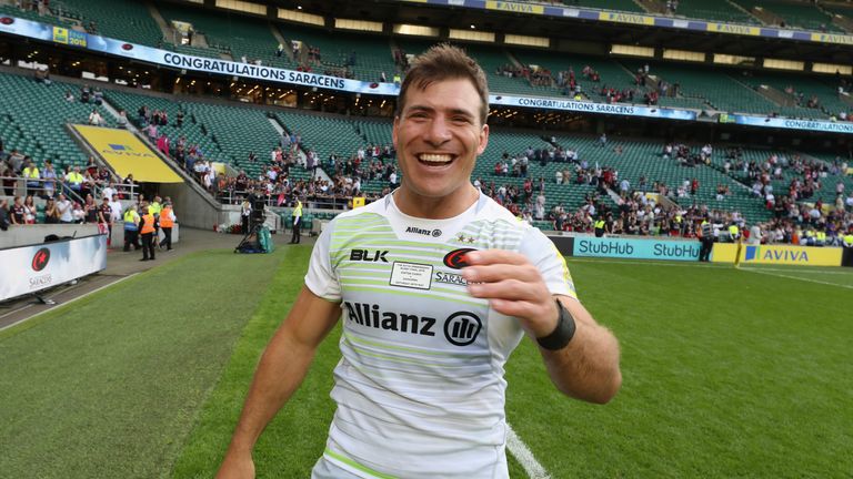 Schalk Brits performs a lap of honour after Saracens' victory over Exeter in the Aviva Premiership final
