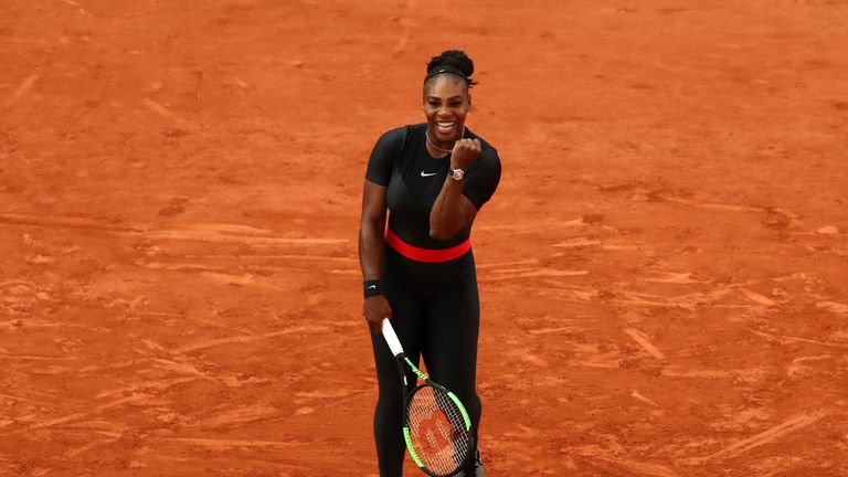 Serena Williams celebrates her victory over Julia Goerges during day seven of the 2018 French Open at Roland Garros 