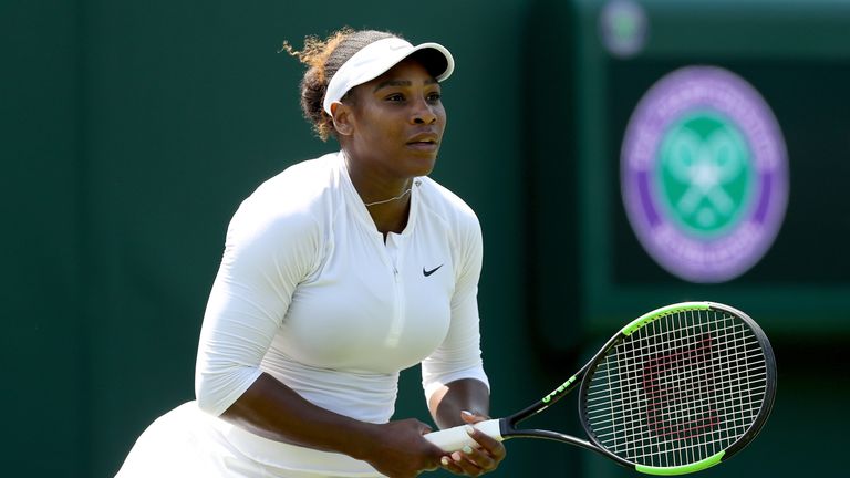 Serena Williams of the United States practices on court during training for the Wimbledon Lawn Tennis Championships at the All England Lawn Tennis and Croquet Club at Wimbledon on June 28, 2018 in London, England. 