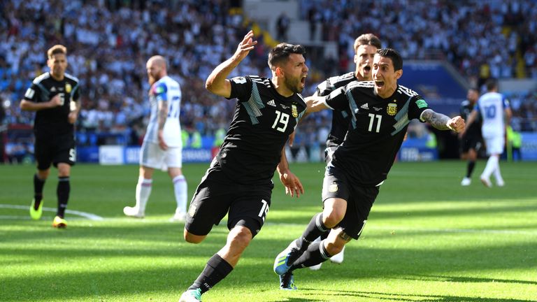 Sergio Aguero celebrates after putting Argentina 1-0 up