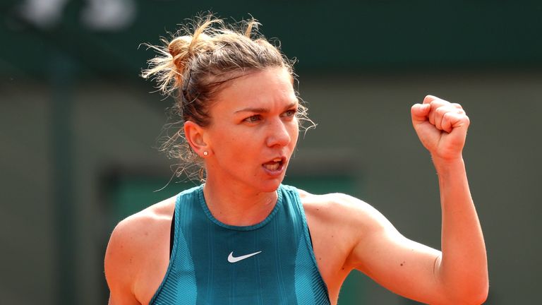 Simona Halep of Romania celebrates during the ladies singles final against Sloane Stephens of The United States during day fourteen of the 2018 French Open at Roland Garros on June 9, 2018 in Paris, France.