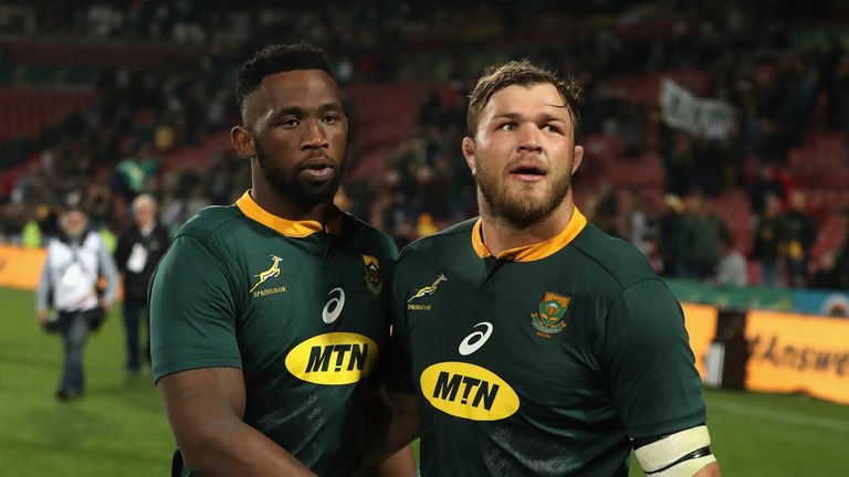 Siya Kolisi  celebrates with team mate Duane Vermeulen