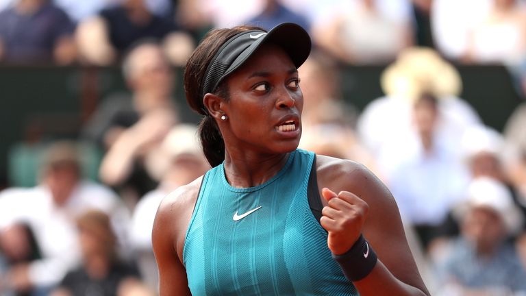 Sloane Stephens of The United States celebrates during the ladies singles final against Simona Halep of Romania during day fourteen of the 2018 French Open at Roland Garros on June 9, 2018 in Paris, France.