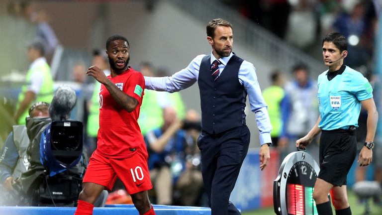 Sterling and Southgate during the 2018 FIFA World Cup Russia group G match between Tunisia and England at Volgograd Arena on June 18, 2018 in Volgograd, Russia.