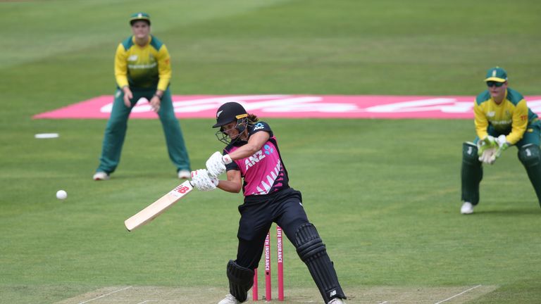 Suzie Bates of New Zealand scores runs during the International T20 Tri-Series match between New Zealand Women and South Africa Women at The Cooper Associates County Ground on June 20, 2018 in Taunton, England. 