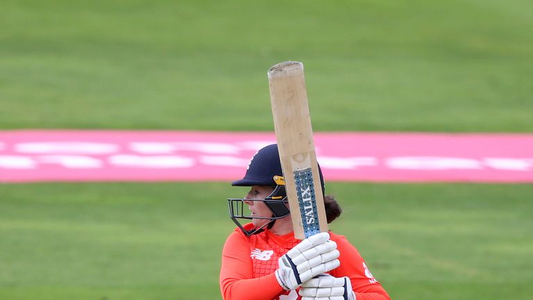 TAUNTON, ENGLAND - JUNE 20: Tammy Beaumont of England scores runs during the International T20 Tri-Series match between England Women and South Africa Women at The Cooper Associates County Ground on June 20, 2018 in Taunton, England. (Photo by Julian Herbert/Getty Images)