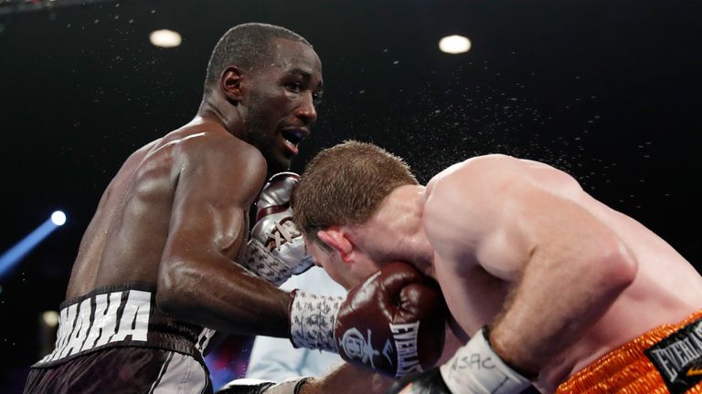 Terence Crawford Jeff Horn in the XX round of their WBO welterweight title fight at MGM Grand Garden Arena on June 9, 2018 in Las Vegas, Nevada.