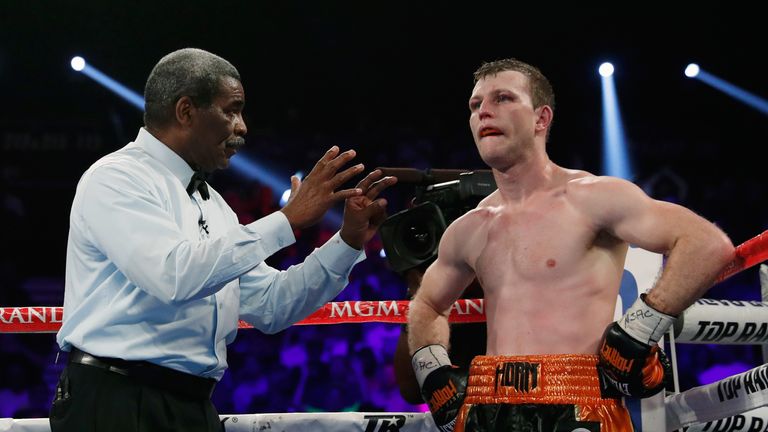 Terence Crawford Jeff Horn in the XX round of their WBO welterweight title fight at MGM Grand Garden Arena on June 9, 2018 in Las Vegas, Nevada.