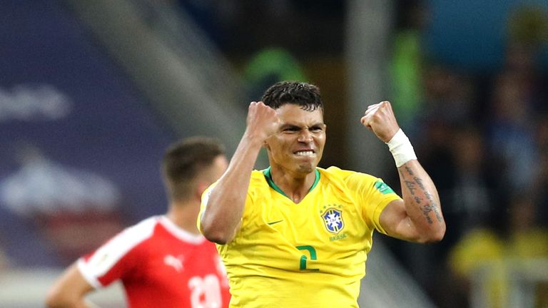 Thiago Silva of Brazil celebrates after scoring his team's second goal during the 2018 FIFA World Cup Russia group E match between Serbia and Brazil at Spartak Stadium on June 27, 2018 in Moscow, Russia