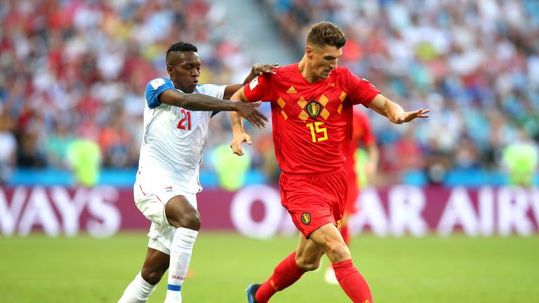 Thomas Meunier and Jose Luis Rodriguez in action during the group G match in Sochi