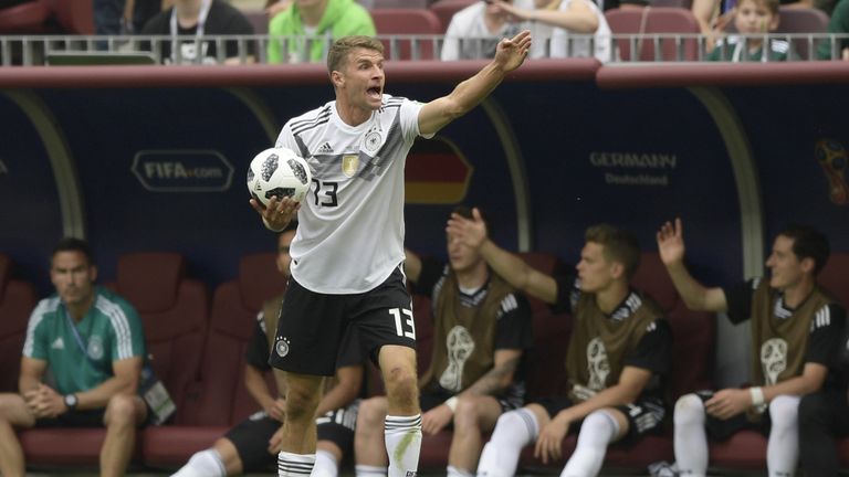 Thomas Mueller gestures during the group F match against Mexico