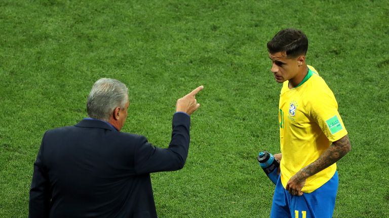 Tite and Philippe Coutinho during the 2018 FIFA World Cup Russia group E match between Brazil and Switzerland at Rostov Arena on June 17, 2018 in Rostov-on-Don, Russia.