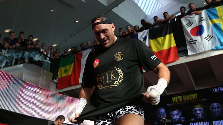 Tyson Fury donned some 'short shorts' at his public workout to raise awareness of testicular cancer