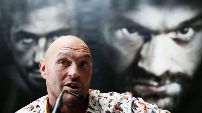 Tyson Fury speaks during a press conference ahead of the fight with Sefer Seferi