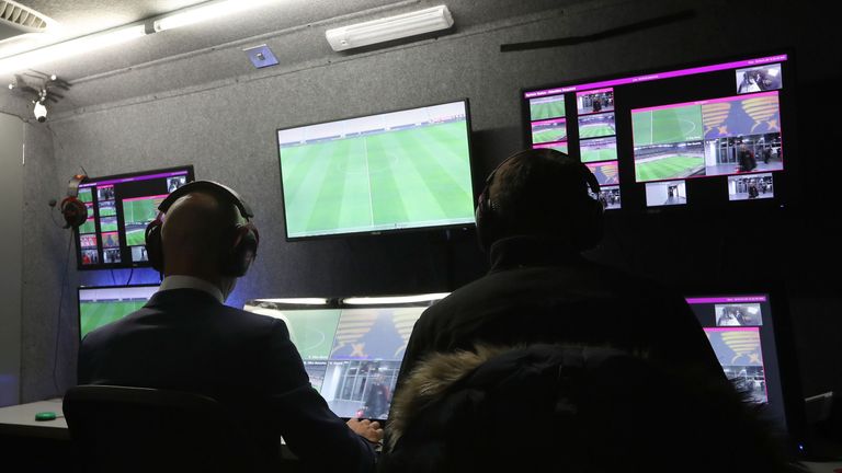 Refeeres take part in a presentation of Video Assistant Referee system (VAR) before the French League Cup football match between Nice and Monaco in January