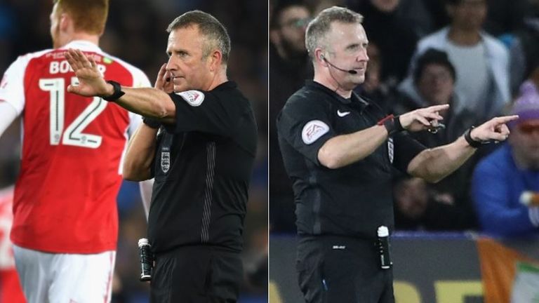 Referee Jon Moss communicating with VAR (left) and then signalling an official review (right) during Leicester's FA Cup match with Fleetwood in January