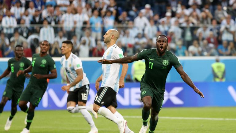 Victor Moses celebrates after scoring for Nigeria