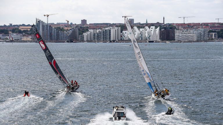 Leg 11, from Gothenburg to The Hague as the fleet round the Aarhus Fly-By mark credit Volvo Ocean Race