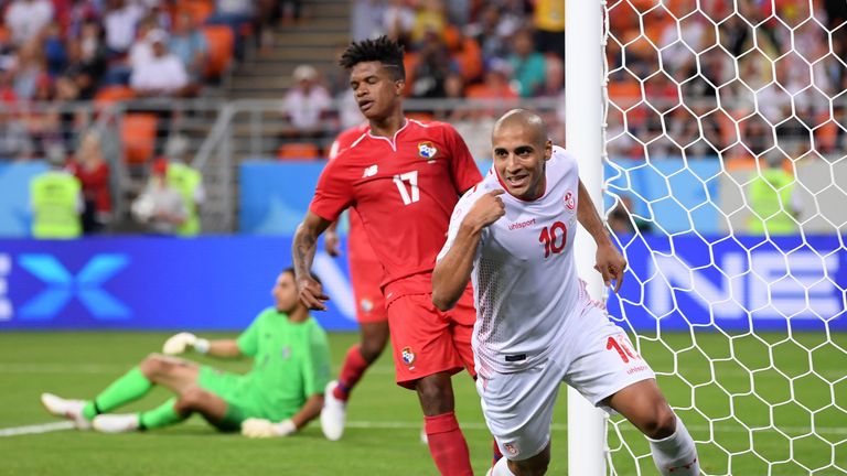 Wahbi Khazri of Tunisia celebrates after scoring his sides second goal as Luis Ovalle of Panama looks on dejected during the 2018 FIFA World Cup Russia group G match between Panama and Tunisia at Mordovia Arena on June 28, 2018 in Saransk, Russia.
