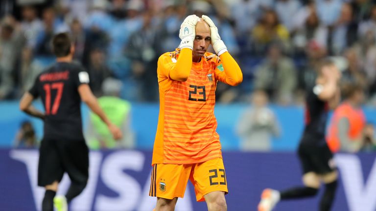 Willy Caballero reacts after his mistake costs Argentina a goal against Croatia