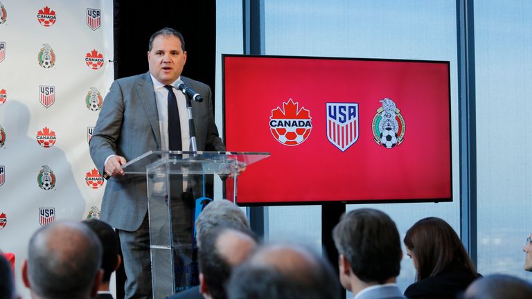 Victor Montagliani CONCACAF President speaks during a press conference announcing the next soccer 2026 World Cup in North America on April 10, 2017 at the One World Trade Center in New York. The United States, Mexico and Canada announced a joint bid to stage the 2026 World Cup on Monday, aiming to become the first three-way co-hosts in the history of FIFA's showpiece tournament.