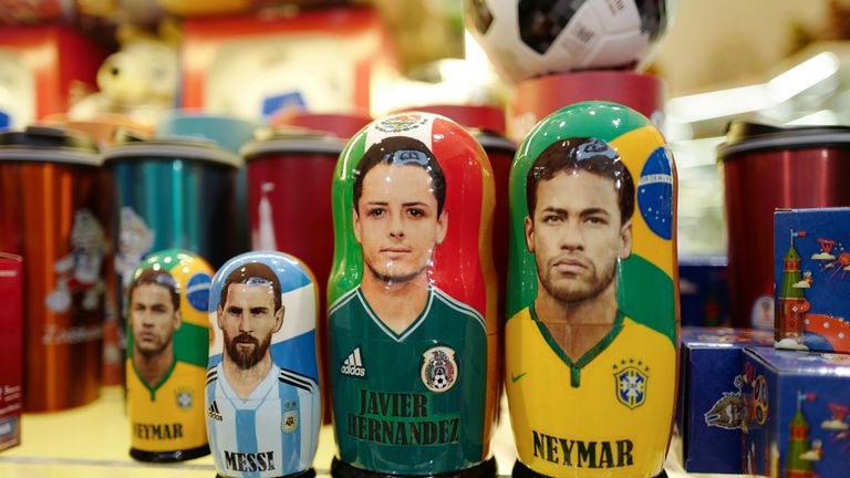 A tourism shop selling Russian dolls celebrating international footballers Neymar, Messi and Javier Hernandez in Moscow ahead of the 2018 FIFA World Cup