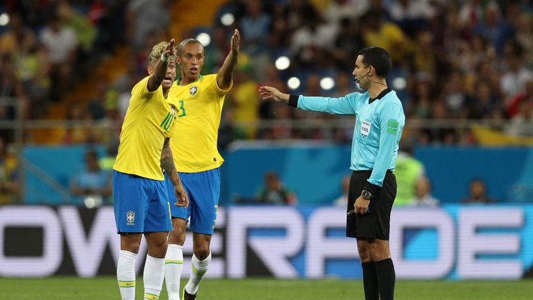 Neymar Jr and Miranda of Brazil argue with the referee Cesar Ramos during the 2018 FIFA World Cup Russia group E match between Brazil and Switzerland at Rostov Arena on June 17