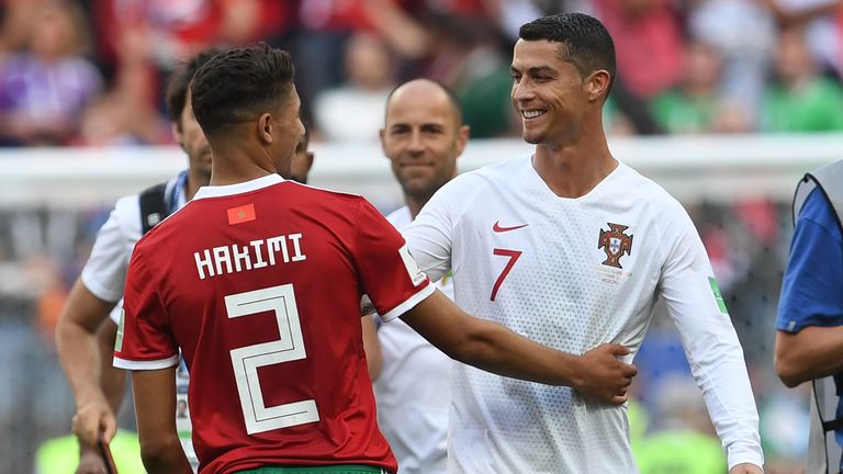 Portugal's forward Cristiano Ronaldo (R) greets Morocco's defender Achraf Hakimi at the end of the Russia 2018 World Cup Group B football match between Portugal and Morocco at the Luzhniki Stadium in Moscow on June 20
