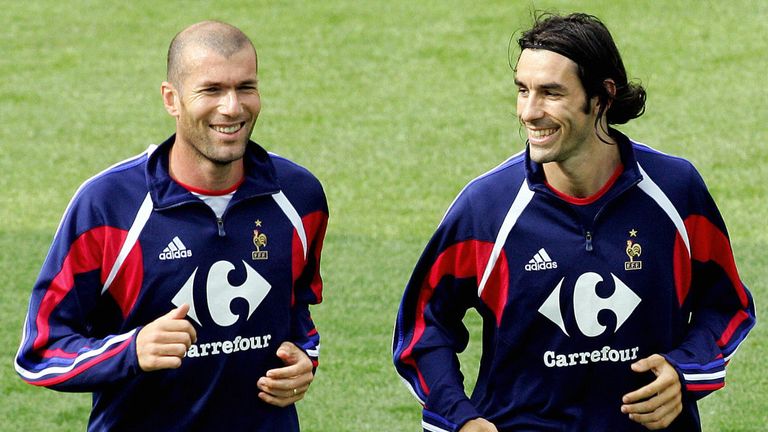 Zinedine Zidane and Robert Pires train together during their France playing days