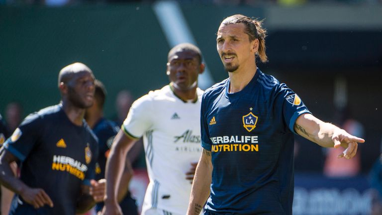 Jun 2, 2018; Portland, OR, USA; Los Angeles Galaxy forward Zlatan Ibrahimovic (9) prepares for a Portland Timbers corner kick during the second half at Providence Park. The game ended tied 1-1. Mandatory Credit: Troy Wayrynen-USA TODAY Sports