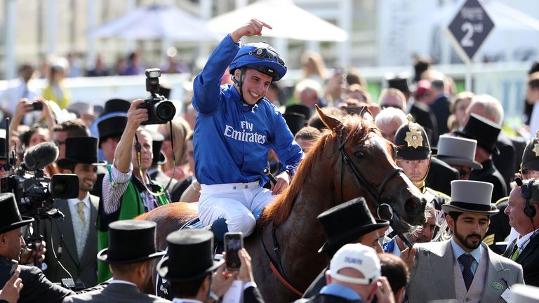 William Buick on Masar celebrates winning the Investec Derby 