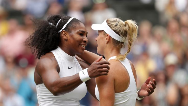 Serena Williams of The United States hugs Angelique Kerber of Germany following The Ladies Singles Final on day twelve of the Wimbledon Lawn Tennis Championships at the All England Lawn Tennis and Croquet Club on July 9, 2016 in London, England.