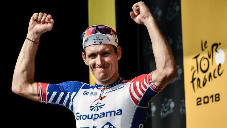 Arnaud Demare celebrates his stage 18 victory