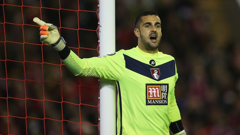 LIVERPOOL, ENGLAND - OCTOBER 28: Adam Federici of Bournemouth gives instructions during the Capital One Cup Fourth Round match between Liverpool and AFC Bournemouth at Anfield on October 28, 2015 in Liverpool, England.  (Photo by Chris Brunskill/Getty Images)