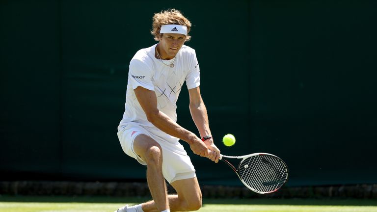 Alexander Zverev of Germany practices on court during training for the Wimbledon Lawn Tennis Championships at the All England Lawn Tennis and Croquet Club at Wimbledon on June 30, 2018 in London, England.