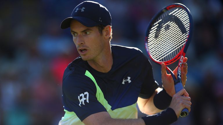 Andy Murray of Great Britain in action during his mens singles match against Kyle Edmund of Great Britain during Day Six of the Nature Valley International at Devonshire Park on June 27, 2018 in Eastbourne, United Kingdom.