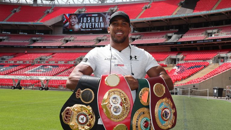 JOSHUA-POVETKIN PRESS CONFERENCE.WEMBLEY STADIUM,.WEMBLEY,.MIDDLESEX.PIC;LAWRENCE LUSTIG.WORLD HEAVYWEIGHT CHAMPION ANTHONY JOSHUA GETS USED TO HIS NEW HOME AS HE PREPARES FOR HIS NEXT TWO FIGHTS AT WEMBLEY STADIUM ON SATURDAY 22ND SEPTEMBER AND SATURDAY APRIL 13TH 2019