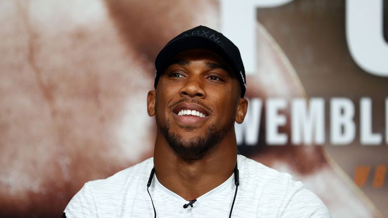 Anthony Joshua during a press conference with Alexander Povetkin ahead of their fight at Wembley Stadium