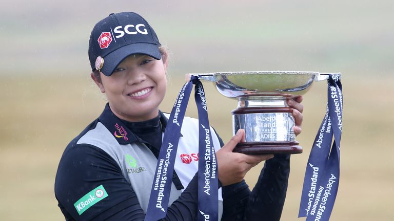 Thailand's Ariya Jutanugarn after winning the 2018 Aberdeen Standard Investments Ladies Scottish Open at Gullane Golf Club. 