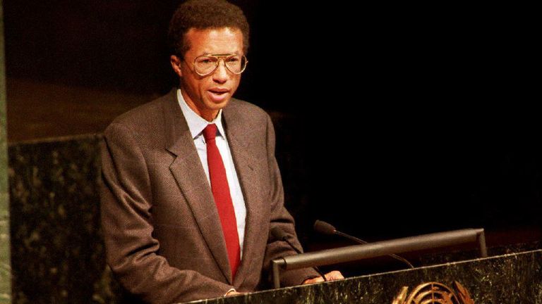 Former tennis player Arthur Ashe addresses a World Health Organization (WHO) meeting on World AIDS Day, 1 December 1992. Ashe has spoken out on AIDS issues since revealing in April 1992 that he had contracted HIV through a blood transfusion. He died in February 1993.