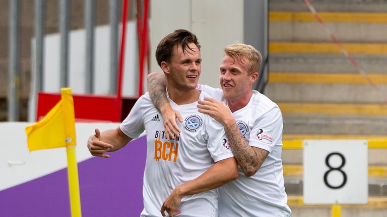 28/07/18 BETFRED CUP E. PARTICK THISTLE V AYR UNITED. THE ENERGY CHECK STADIUM AT FIRHILL - GLASGOW . Ayr Uniteds Lawrence Shankland (L) celebrates with Rab Crawford after scoring to make it 2-0